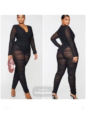 *NWT* PrettyLittleThing PLT Black Ruched Mesh Baddie Jumpsuit, Sz 22, Underwire